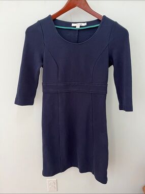 Boden Texture Cotton Ponte Knit Dress in navy blue with 3/4 sleeves